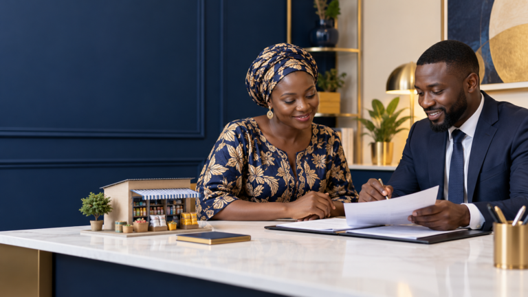 Gambian banking professional advising a customer about credit life assurance