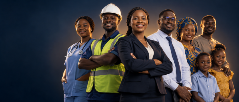 Confident Gambian professionals representing workplace group life assurance
